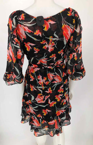 DVF - DIANE VON FURSTENBERG Black Pink Multi Silk Floral Longsleeve Dress