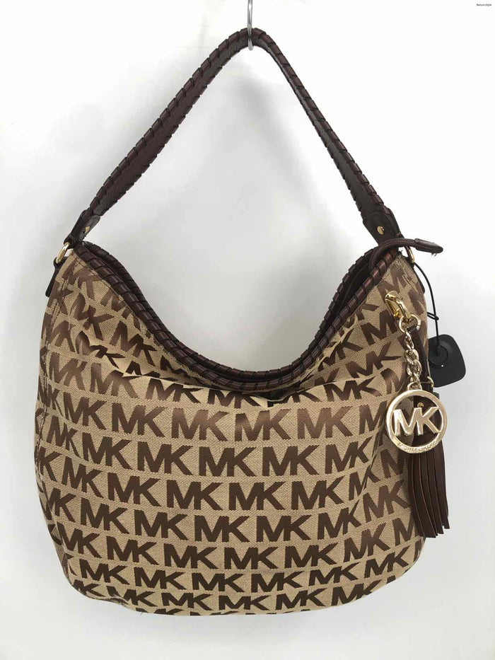 MICHAEL KORS Brown Tan Leather & Canvas Monogram Shoulder Bag Purse