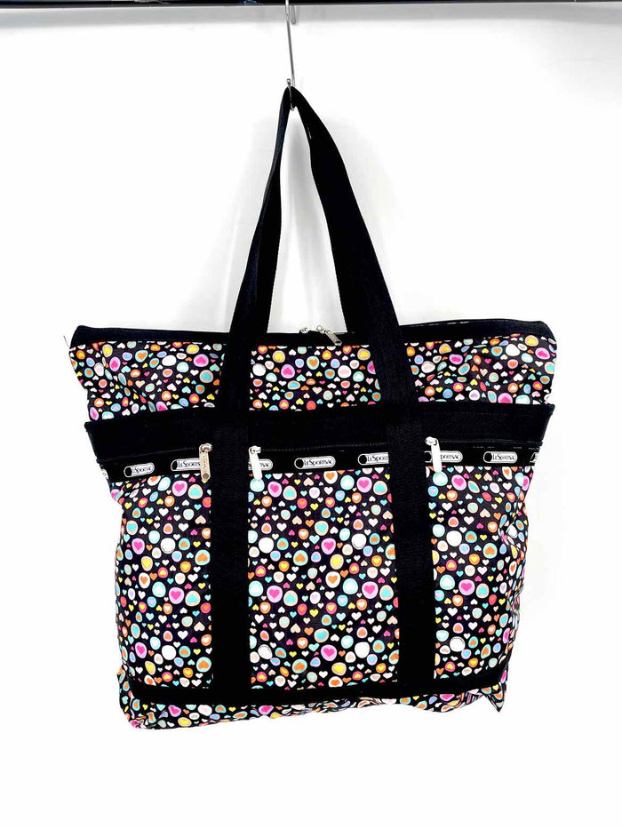 LESPORTSAC Black Pink Multi Nylon Pre Loved AS IS Hearts Zip Up Tote Purse