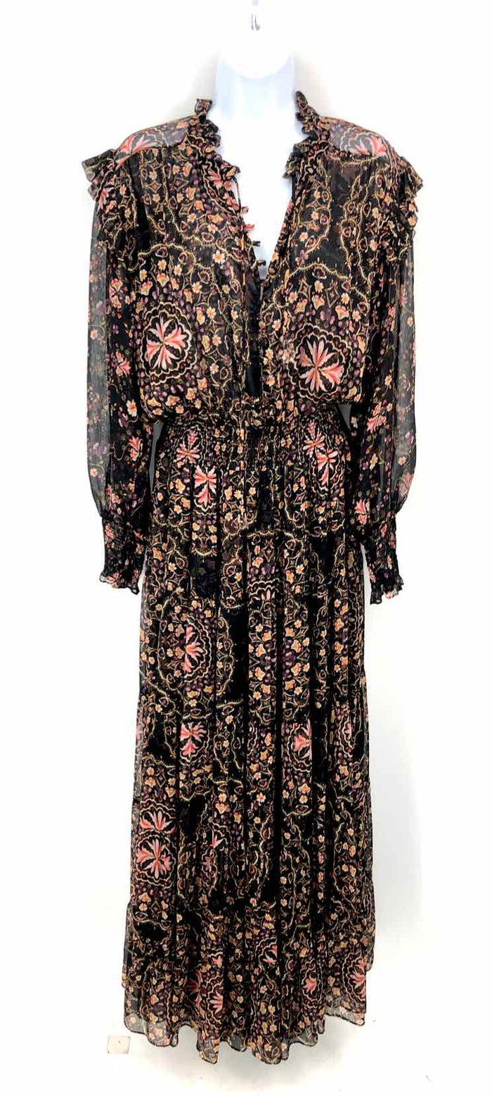 MISA Black Yellow Multi Floral Print Maxi Length Size X-LARGE Dress