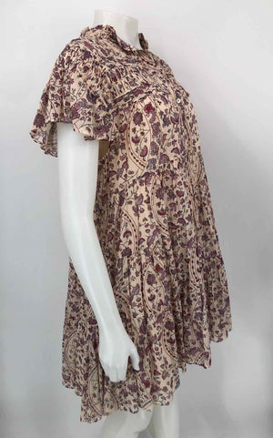 ISABEL MARANT Beige Lavender Cotton Made in India Floral Tiered Dress