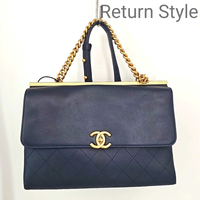 CHANEL Navy Gold Leather Pre Loved Stitched Chain Trim Satchel 11" 3.5" 8" Purse