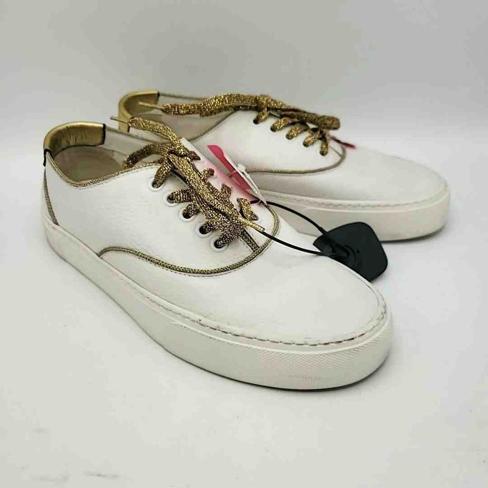 SAINT LAURENT White Goldtone Leather Made in Italy Sparkle Trim Sneaker Shoes