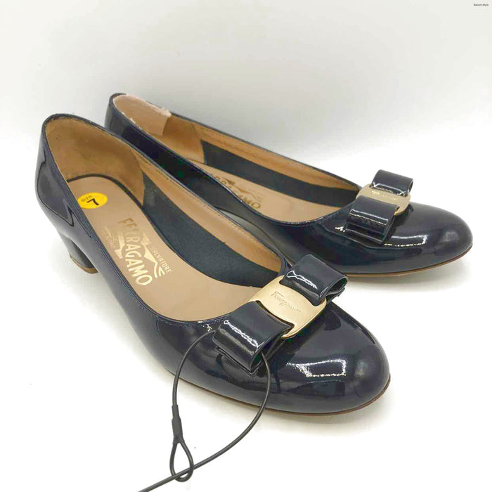 FERRAGAMO Midnight Blue Gold Patent Leather Italian Made Low Heel Shoes