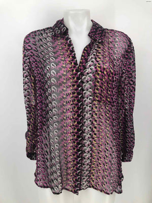 DVF - DIANE VON FURSTENBERG Purple Beige Multi Silk Blend Print Button Up Top