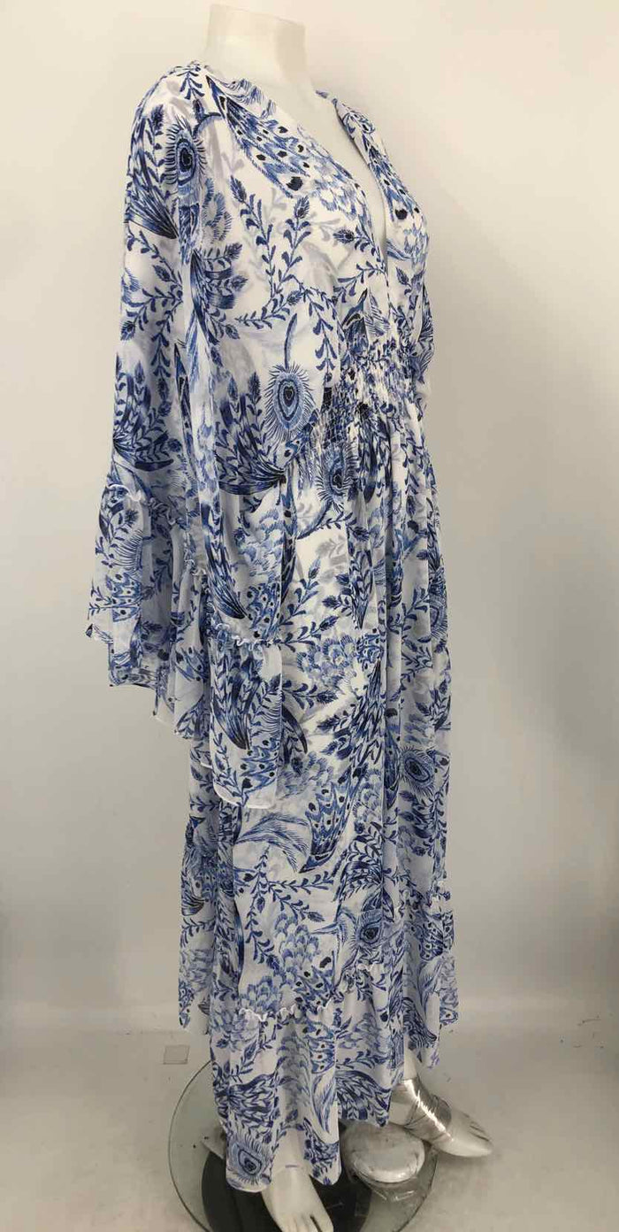 MISA White Blue Feather Print Maxi Length Size LARGE  (L) Dress
