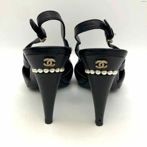 CHANEL Black Gold Leather Italian Made Pearl Trim 4.5" Heels Shoes