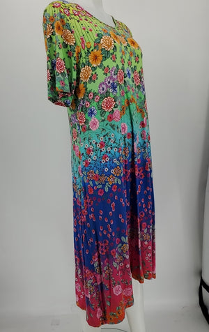 JOHNNY WAS Green Blue Multi Floral Short Sleeves Size LARGE  (L) Dress