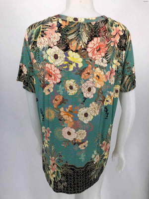 JOHNNY WAS Mint Green Peach Multi Floral Short Sleeves Size X-LARGE Top