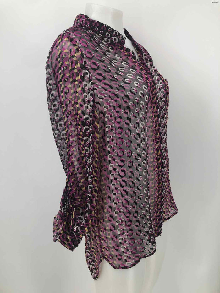 DVF - DIANE VON FURSTENBERG Purple Beige Multi Silk Blend Print Button Up Top