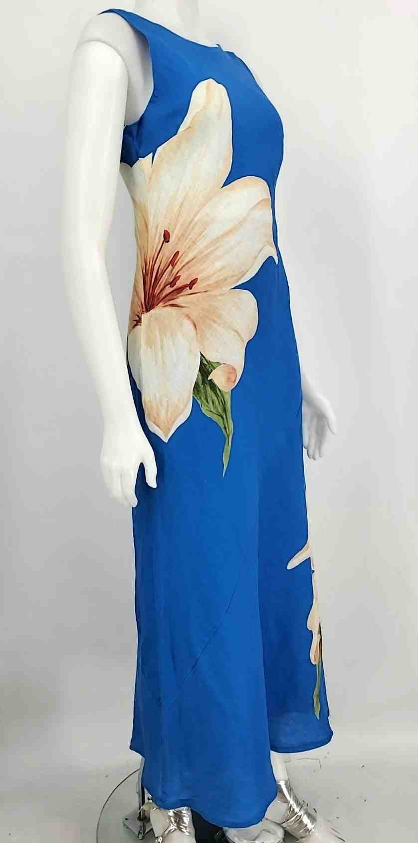 MAGASCHONI Blue Beige Linen Floral Maxi Length Size Petite (S) Dress