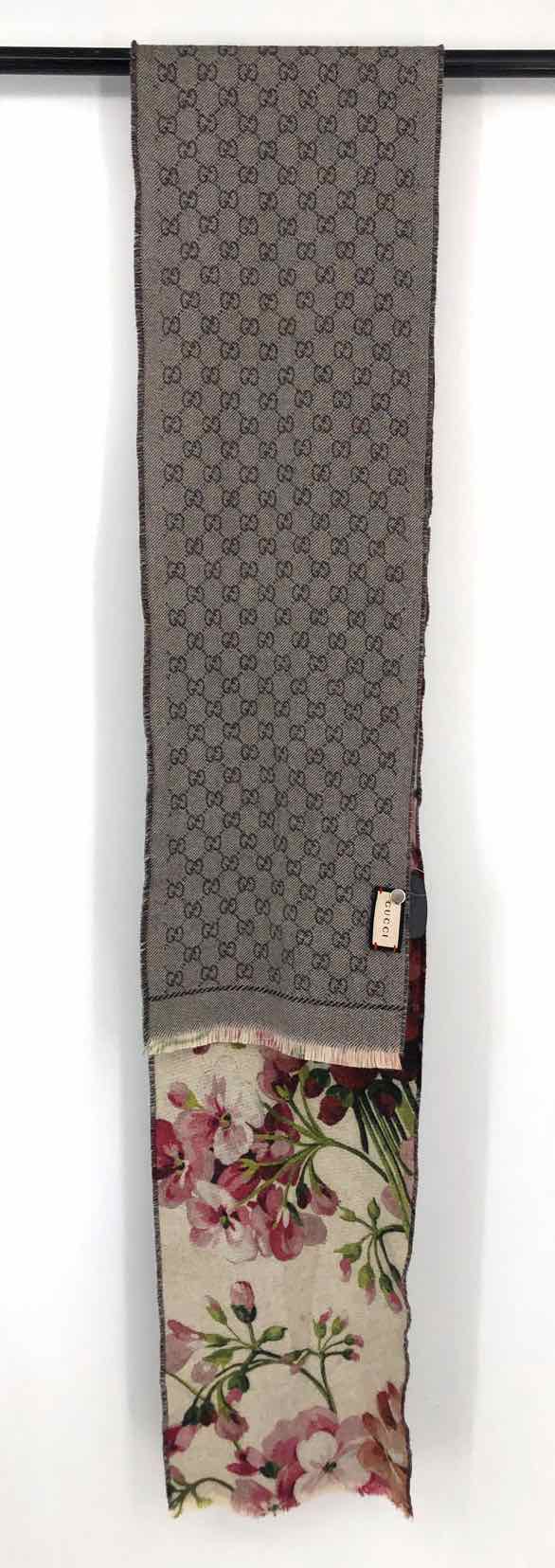 GUCCI Gray Pink Multi Woven Fringe Monogram Scarf