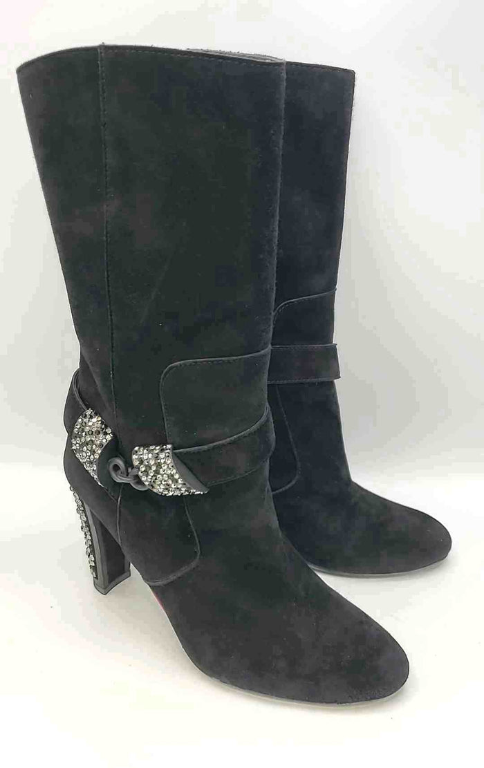 STUART WEITZMAN Black Gray Suede Leather Crystal trim 4" Chunky Heel Boots