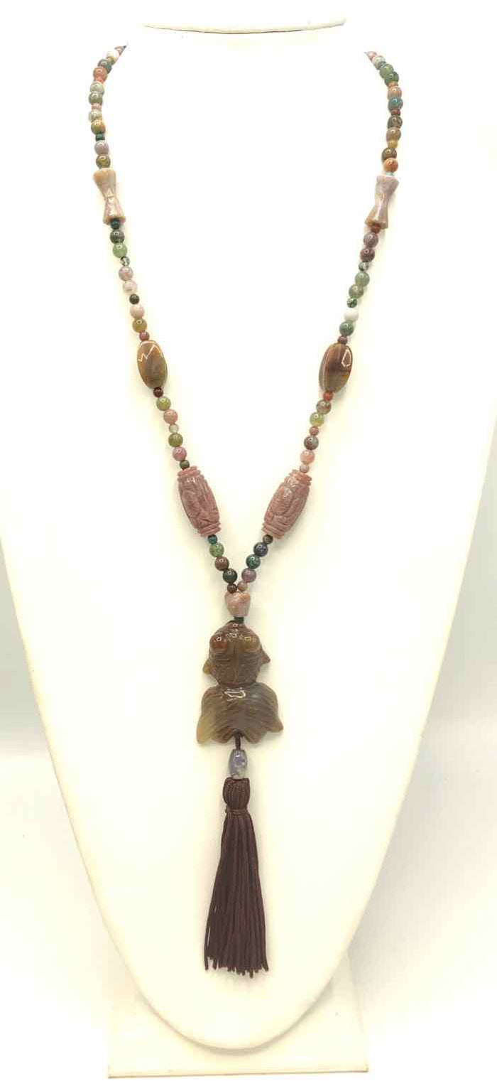 Green Pink Natural Stone Fish Tassel Necklace