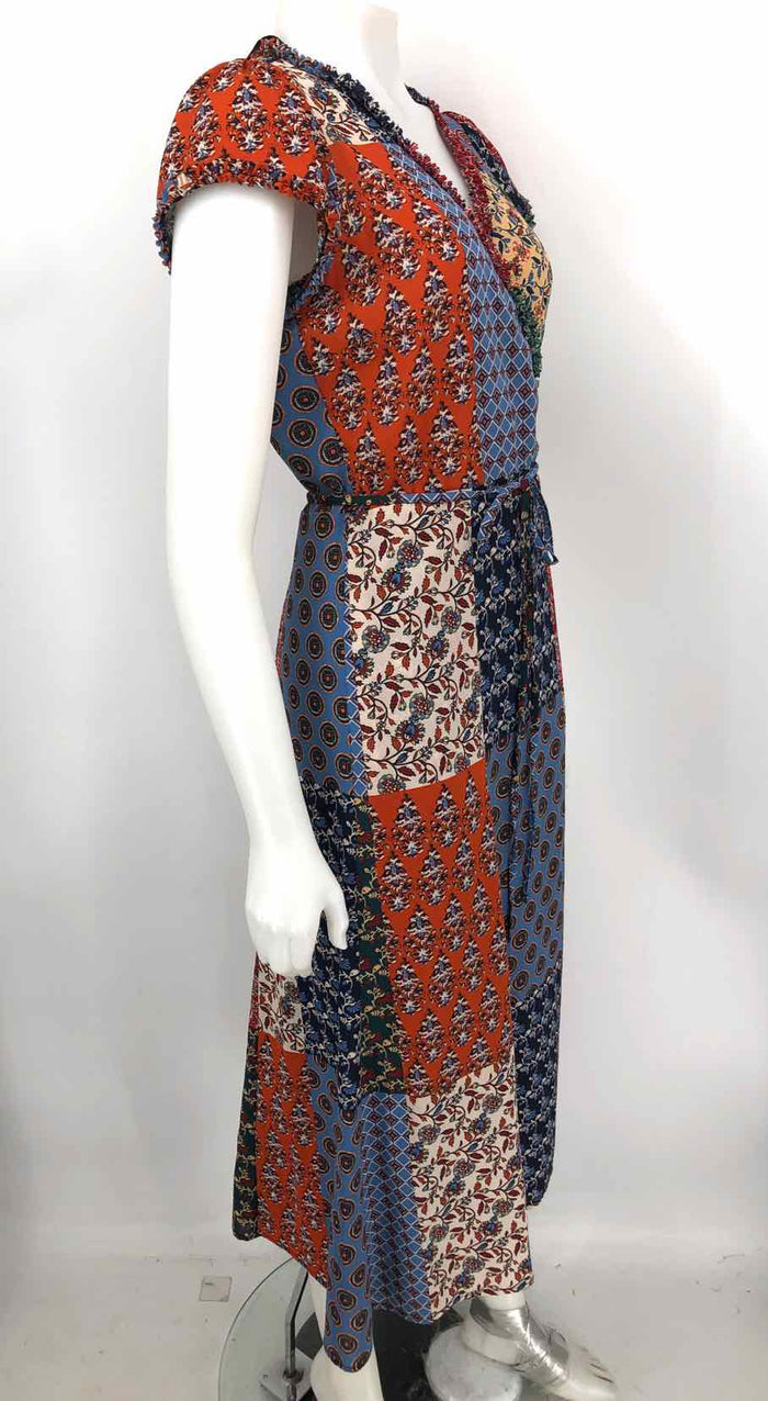 GERARD DAREL Orange & Beige Blue Multi Print Wrap Size 40 (MED) Dress