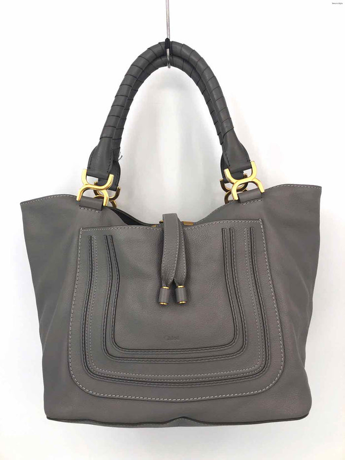 CHLOE Lt Gray Gold Leather Pre Loved Satchel Shoulder Bag 14" 9" 11.5" Purse