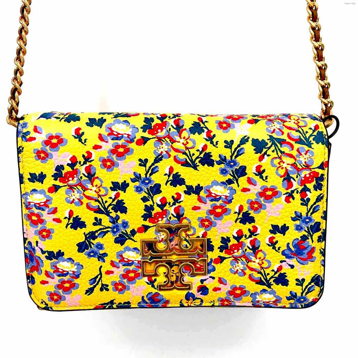 TORY BURCH Yellow Blue Red Multi Leather Floral Chain Strap 7.5" 1" 5.5" Purse