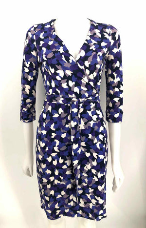 DVF - DIANE VON FURSTENBERG Purple White Cotton & Silk Print Wrap Dress