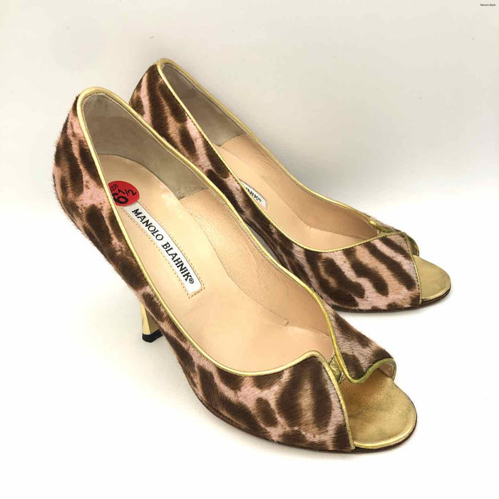 MANOLO BLAHNIK Tan Pink Calf Hair Peep-Toe Made in Italy Animal Print Shoes