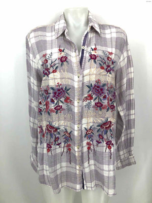 JOHNNY WAS Lilac Red Multi Cotton Blend Embroidered Button Up Top