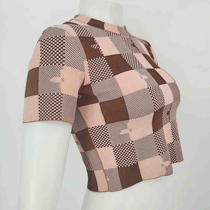 LOUIS VUITTON Peach Brown Knit Made in Italy Checkered Short Sleeves Top