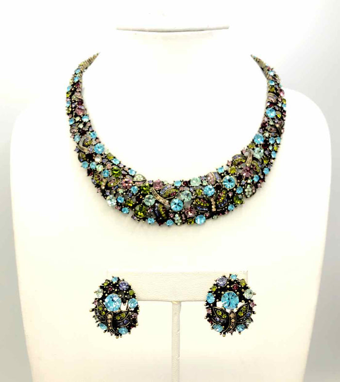 HEIDI DAUS Blue & Green Purple Multi Crystal Brass Pre Loved Bib Necklace