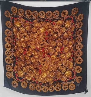 CHANEL Black Silk Pre Loved Coins 34" 35" Goldtone Scarf