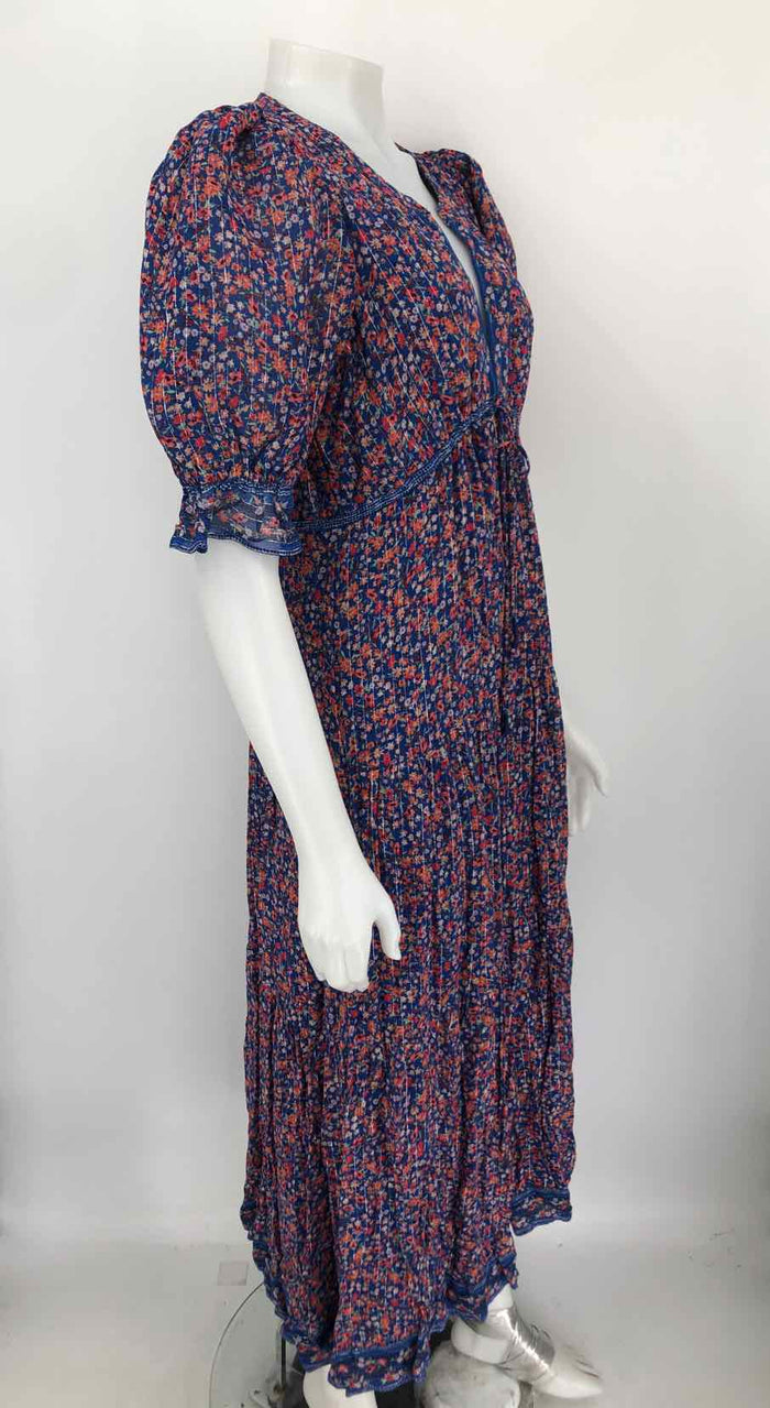 SAYLOR Blue Red Multi-Color Floral Puff Sleeves Size LARGE  (L) Dress