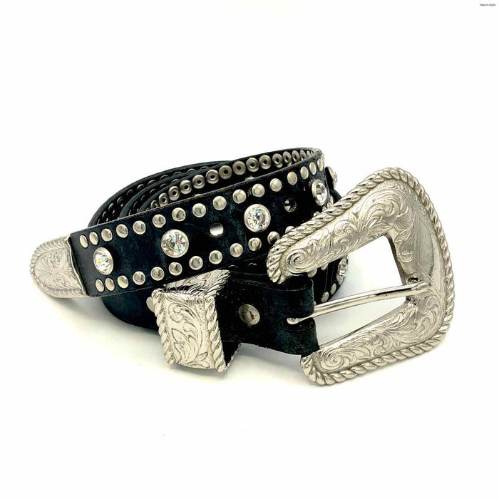 NOCONA Black Silvertone Leather Rhinestones Pre Loved Studded Belt