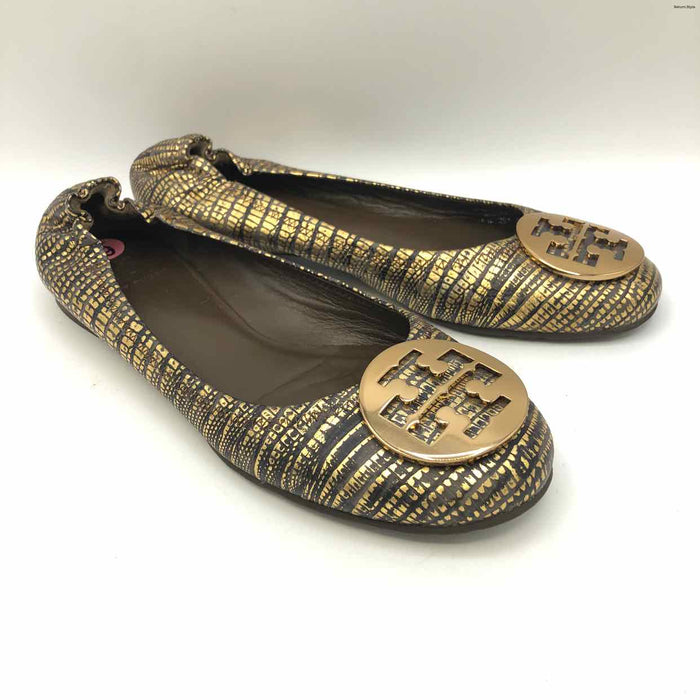 TORY BURCH Goldtone Black Reptile Print Flats Shoe Size 9 Shoes
