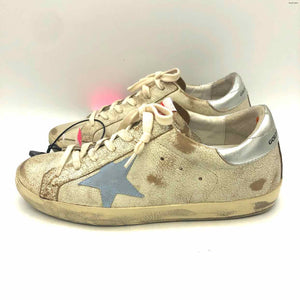 GOLDEN GOOSE Beige Lt Blue Leather Made in Italy Distressed Sneaker Shoes