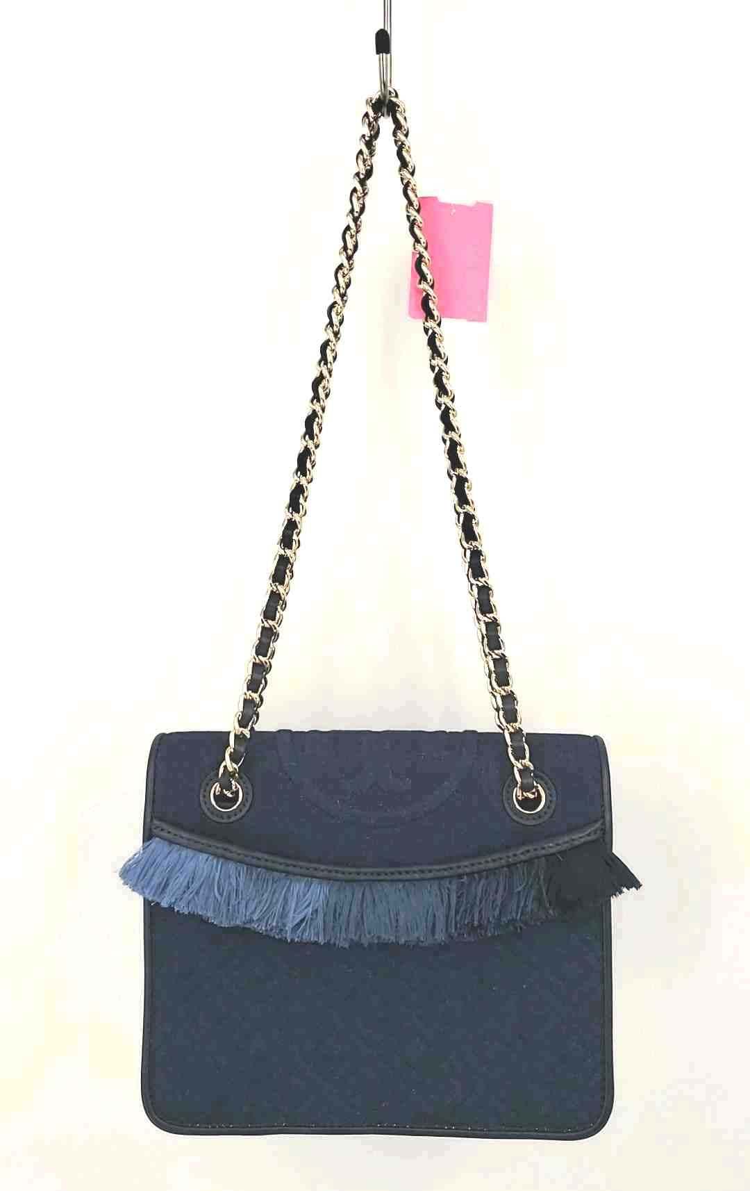 TORY BURCH Navy Goldtone Denim Chain Has Tag Fringe Crossbody