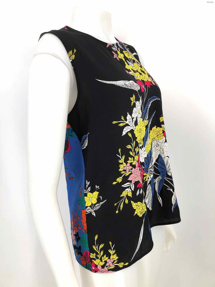 DVF - DIANE VON FURSTENBERG Black Bright Multi Silk Floral Sleeveless Top