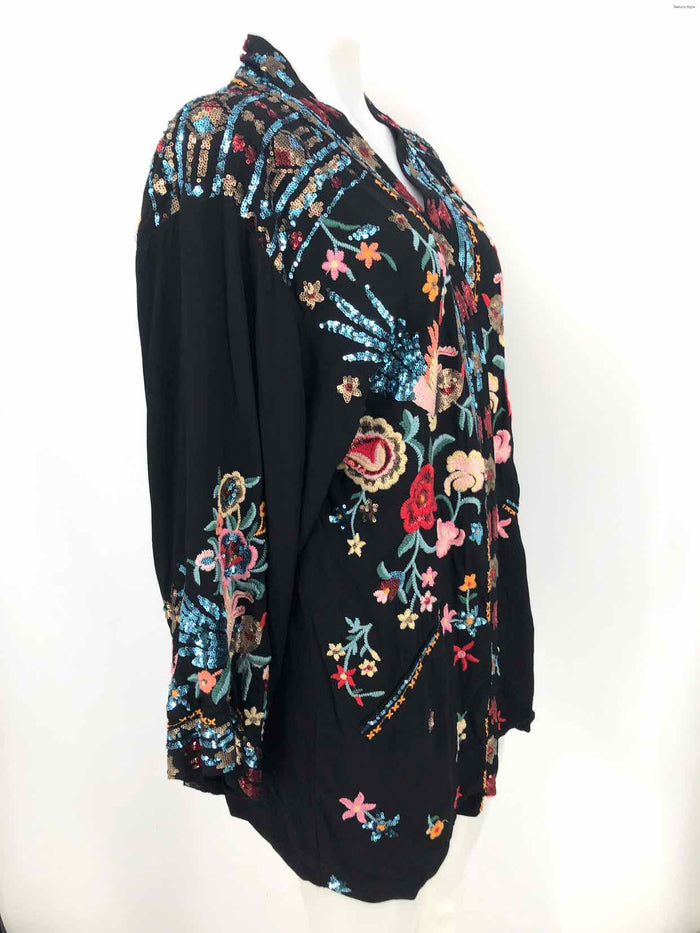 JOHNNY WAS Black & Gold Bright Multi Sequined Embroidered Floral Jacket