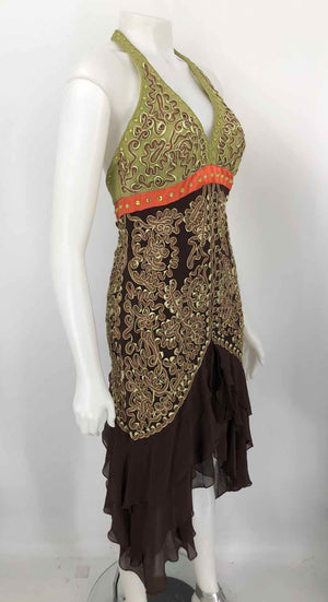 SUE WONG Lime Green Brown Textured Halter Size 8  (M) Dress
