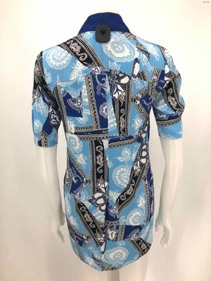 DVF - DIANE VON FURSTENBERG Blue & White Black Silk Print Half Button Up Top