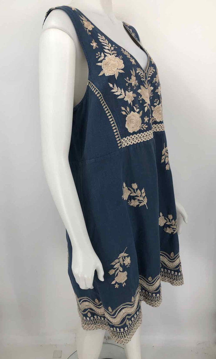 JOHNNY WAS Blue Beige Linen Embroidered Sleeveless Size LARGE  (L) Dress