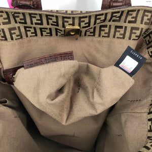 FENDI Brown Tan Canvas & Leather Monogram Tote Purse