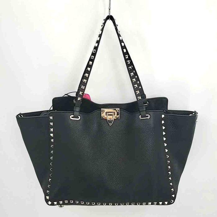 VALENTINO Black Goldtone Pebbled Leather Pre Loved Studded Tote Purse