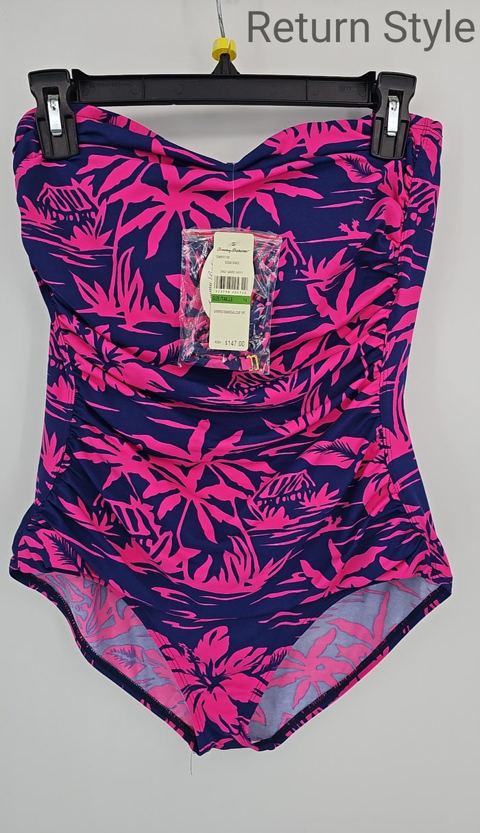 TOMMY BAHAMA Blue Hot Pink Size 14  (L) Tropical Print One Piece Swimsuit