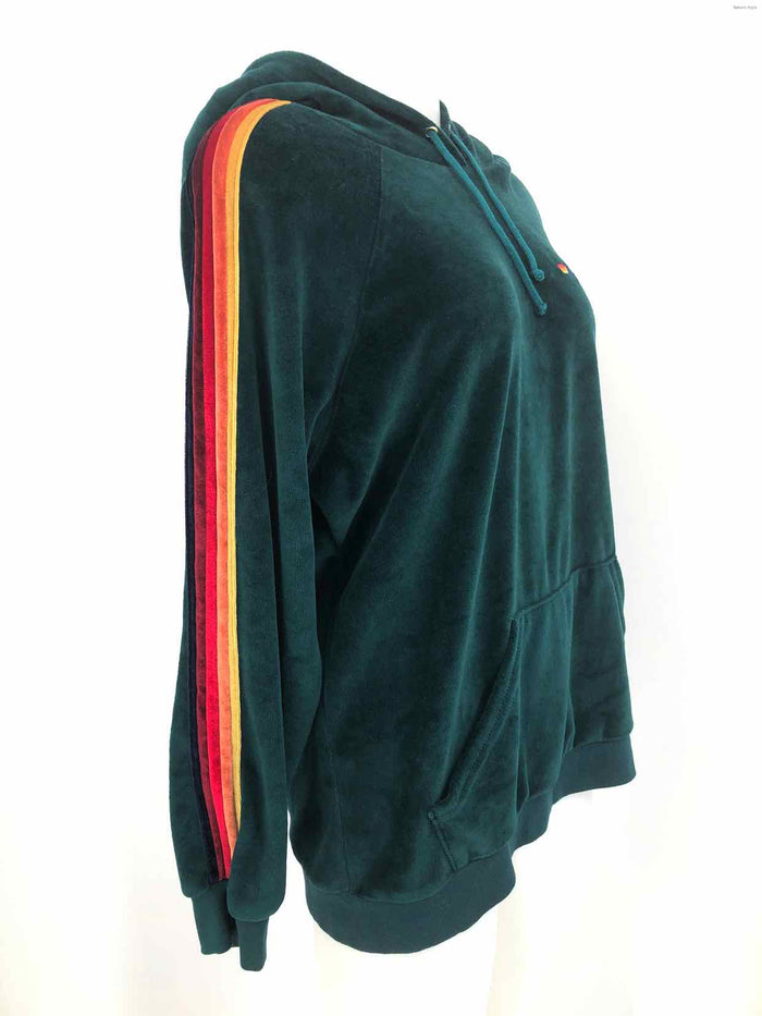 AVIATOR NATION Dark Green Rainbow Velvet Side Stripe Hoodie Jacket