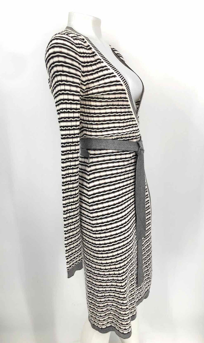 DVF - DIANE VON FURSTENBERG Black & White Brown Knit Longsleeve Wrap Dress