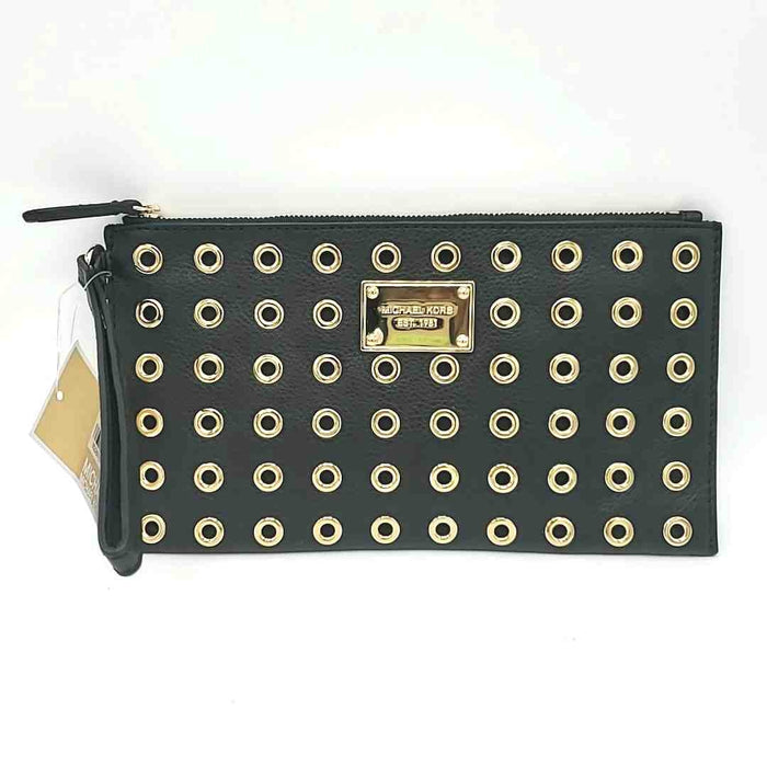 MICHAEL KORS Black Gold Leather Grommets Clutch Purse