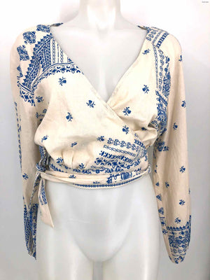 MAISON D'AMELIE Cream Blue Linen Blend Print Wrap Size X-SMALL Top