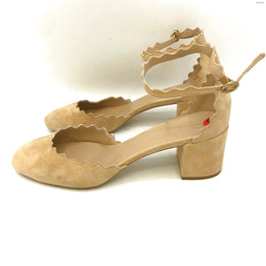 CHLOE Beige Suede Leather Scalloped Edges 2" Chunky Heel Made in Italy Shoes