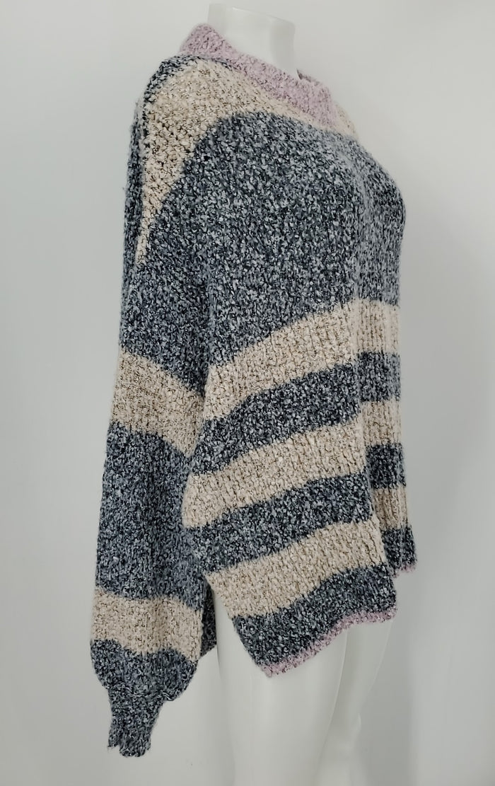 FREE PEOPLE Blue & White Lavender Crochet Striped Longsleeve Sweater