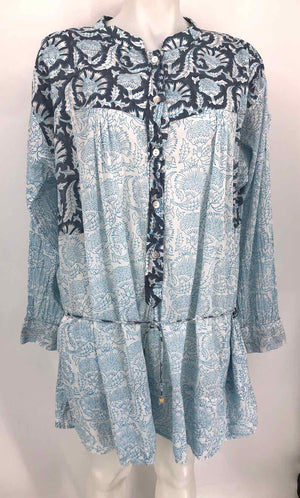 HANNAH Lt Blue White Cotton Made in India Paisley Mini Size One Size (M) Dress