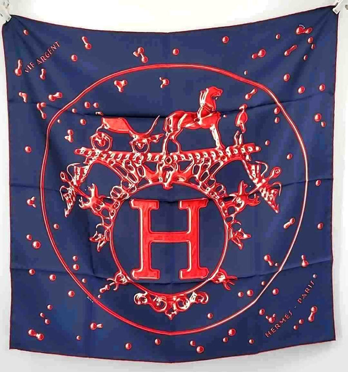 HERMES Navy Red Silk Original Packaging Scroll Pattern Square 90cm Scarf
