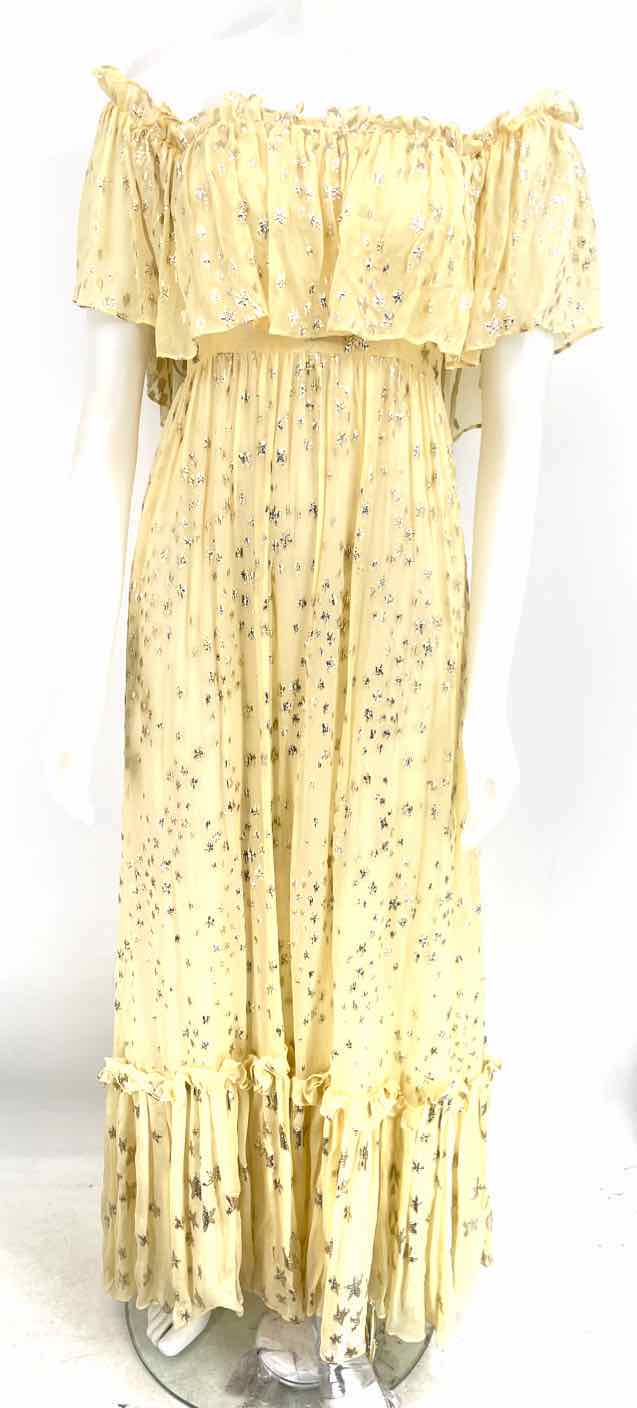 LOVE SHACK FANCY Yellow Gold & Silver Silk Blend Stars Maxi Length Dress