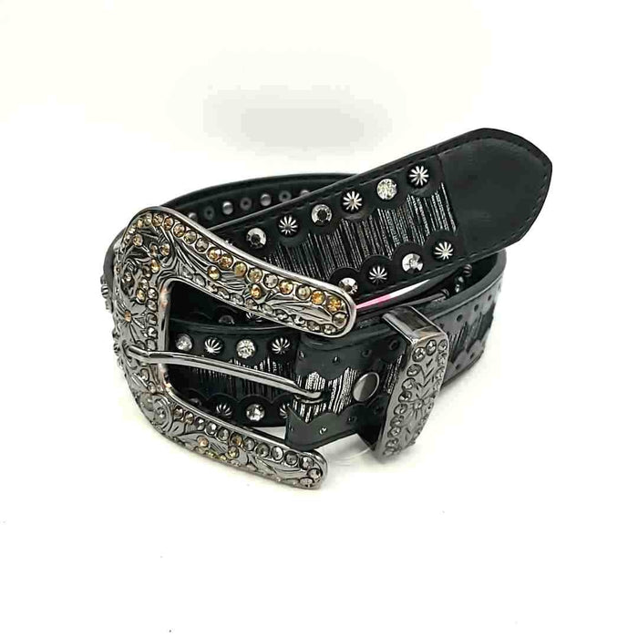 Black Silvertone Leather Crystal Studded MEDIUM (M) Belt